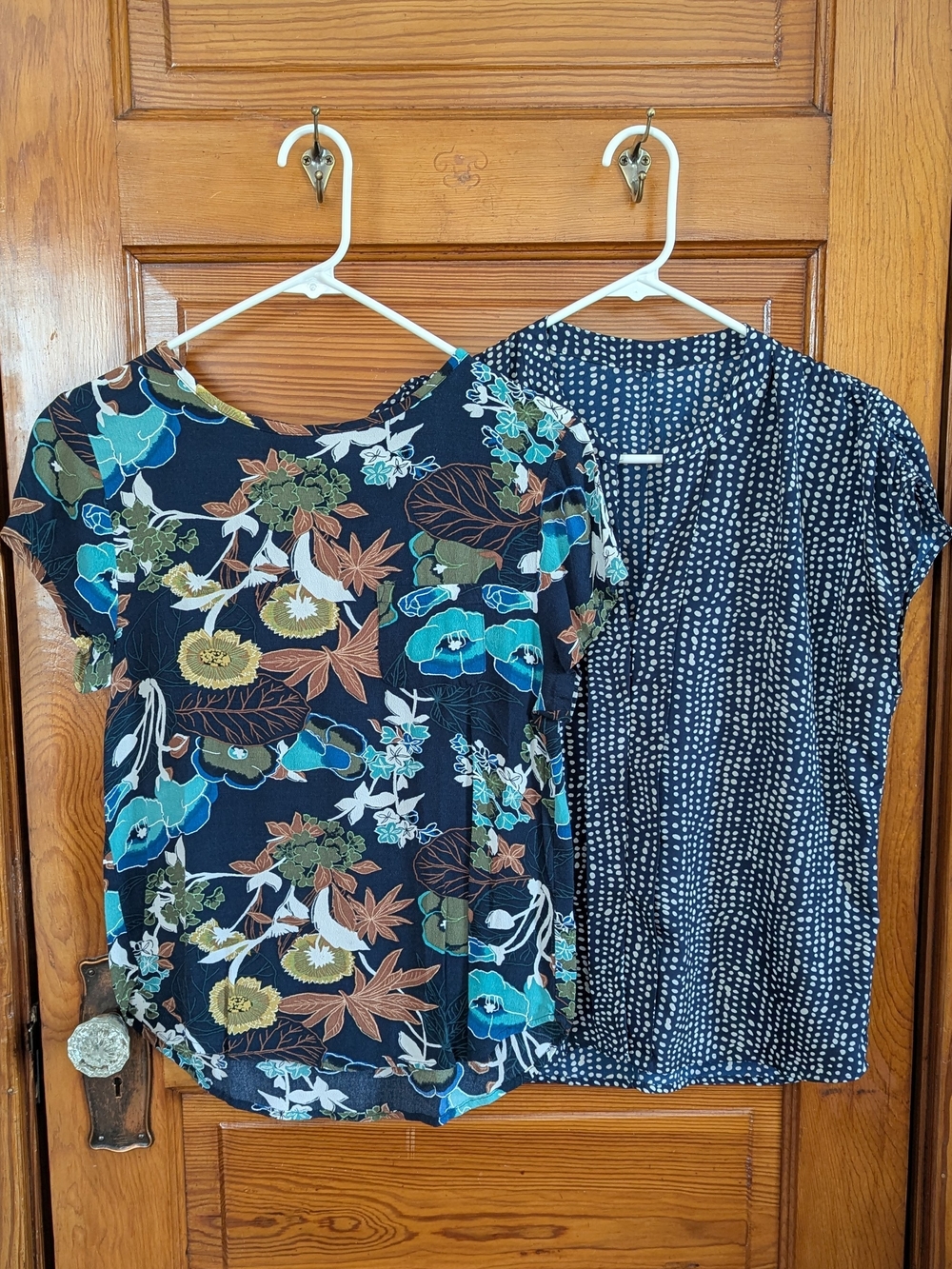 H&M Bundle Of 2 Navy Blue Short Sleeve Blouses - Teal Floral, White Dot